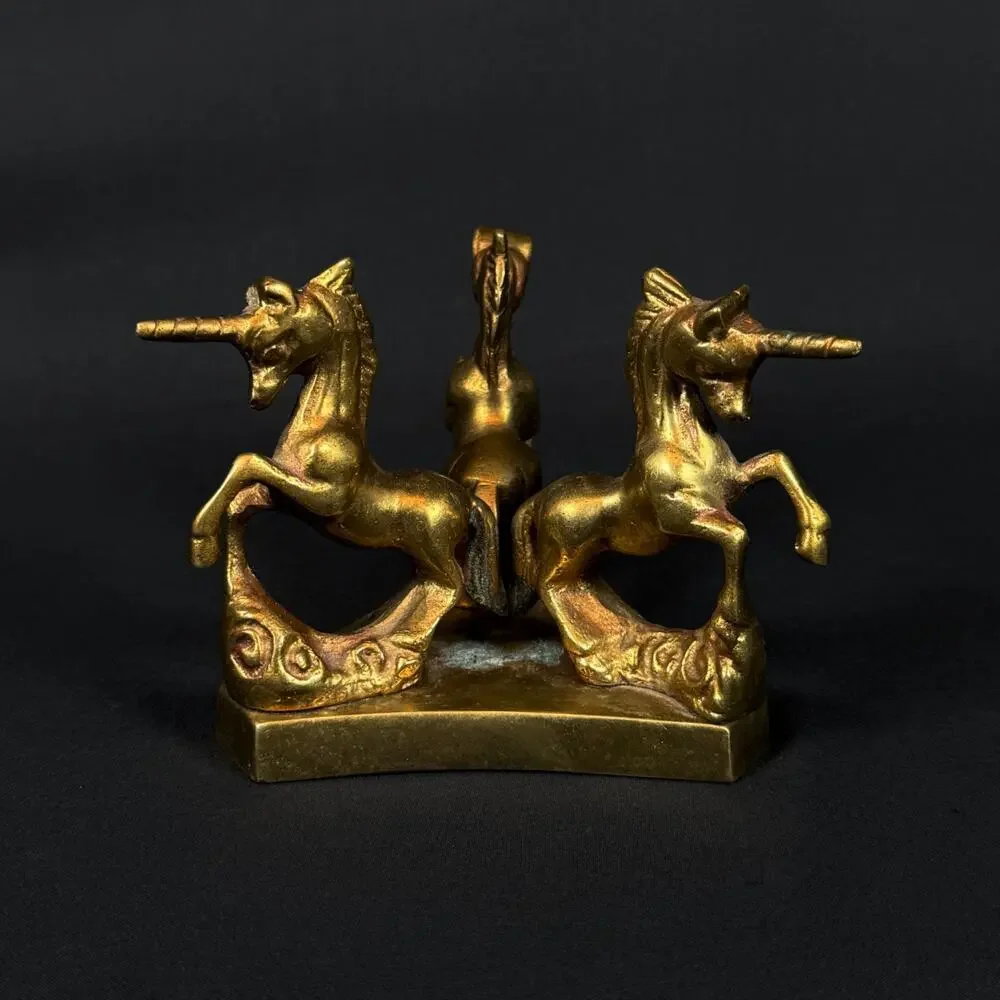 Vintage Brass Triple Unicorn Figurine Statue Horse Mythology Decor